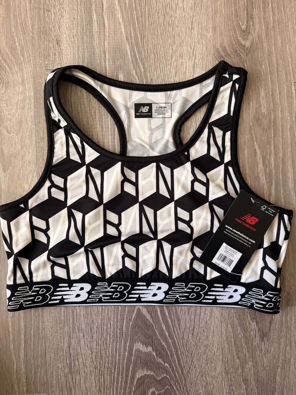 New Balance White Multi Geometric Print Racerback Sports Bra L (14/16)